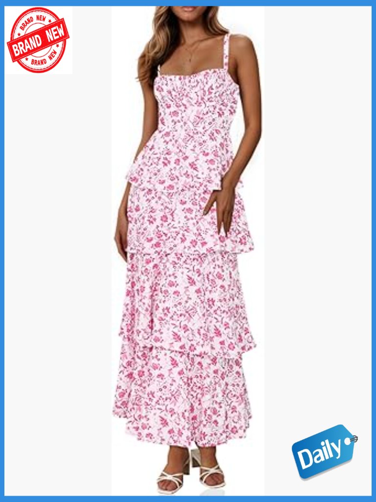 Floral Maxi Dress Spaghetti Strap Sleeveless Ruffle Tiered A-Line